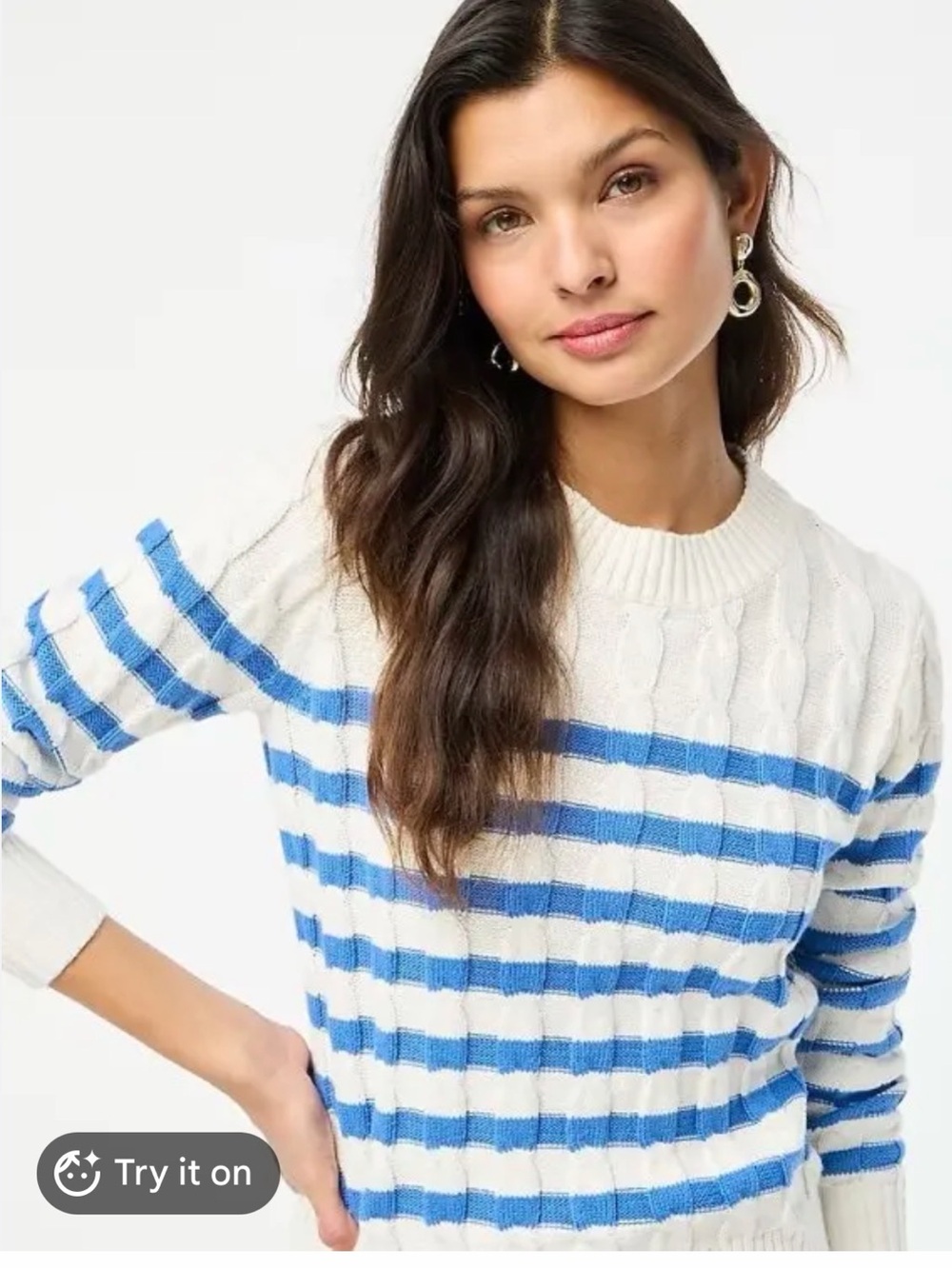 J Crew Factory Cotton Striped Cable sweater, Seacoast Blue White, Size Large